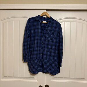J. Jill Flannel Button Up Shirt Medium Blue Plaid Long Sleeve 100% Cotton Pocket
